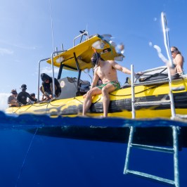 People on a yellow boat above and below water near a ladder.