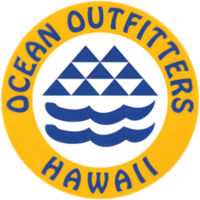 Logo with 'Ocean Outfitters Hawaii' and a blue pyramid and waves inside a yellow circle.