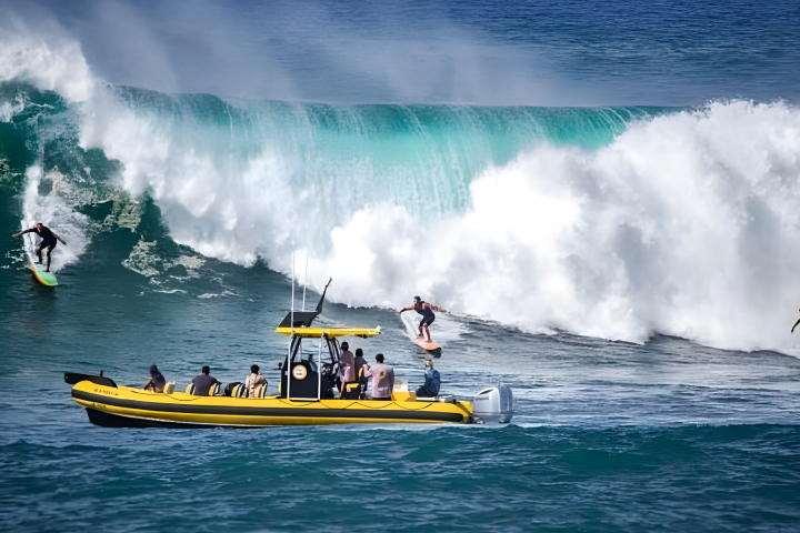 Surfers riding large waves near a yellow boat with onlookers in the ocean.